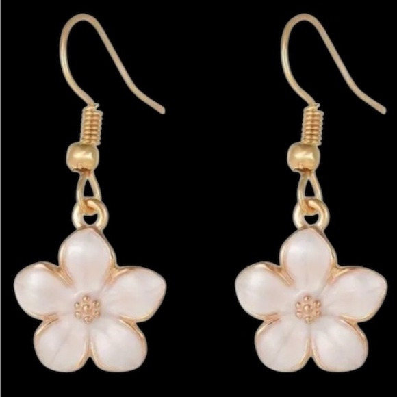 Creamy White Enamel Flower Dangle Gold Toned Earrings - Picture 2 of 2